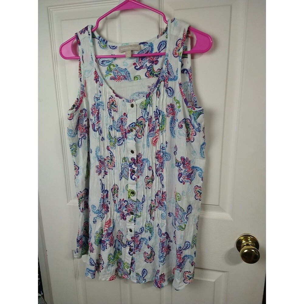 Woman Within 14/16 Tank Tunic White Paisley Button Front Casual Coastal Nautical - Picture 2 of 8